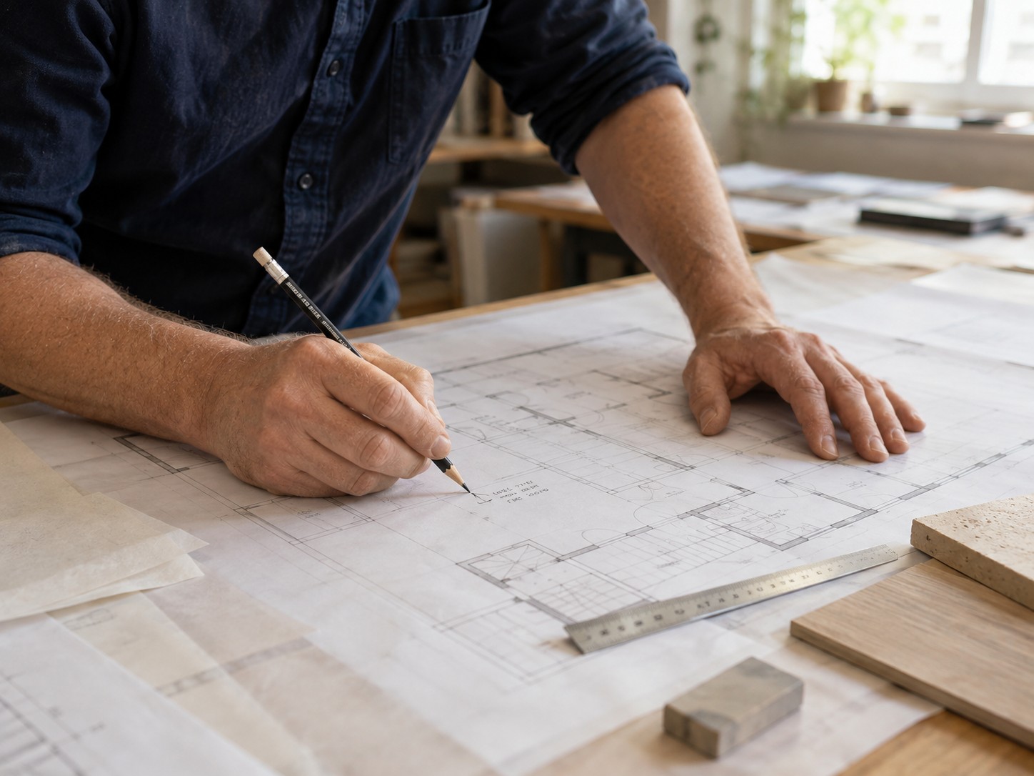 Plan annoté au crayon sur la table de travail