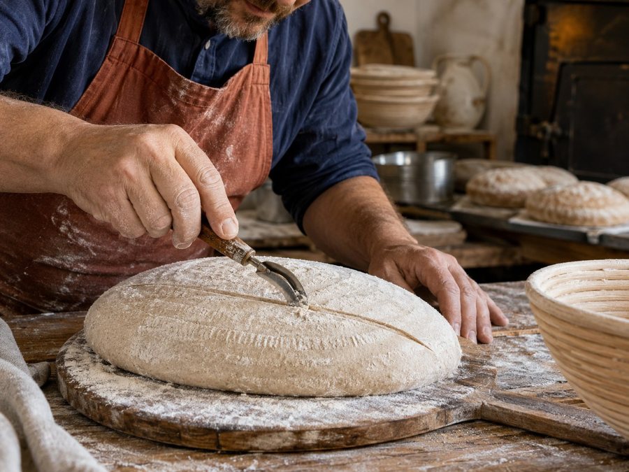 Boulanger incisant un pain