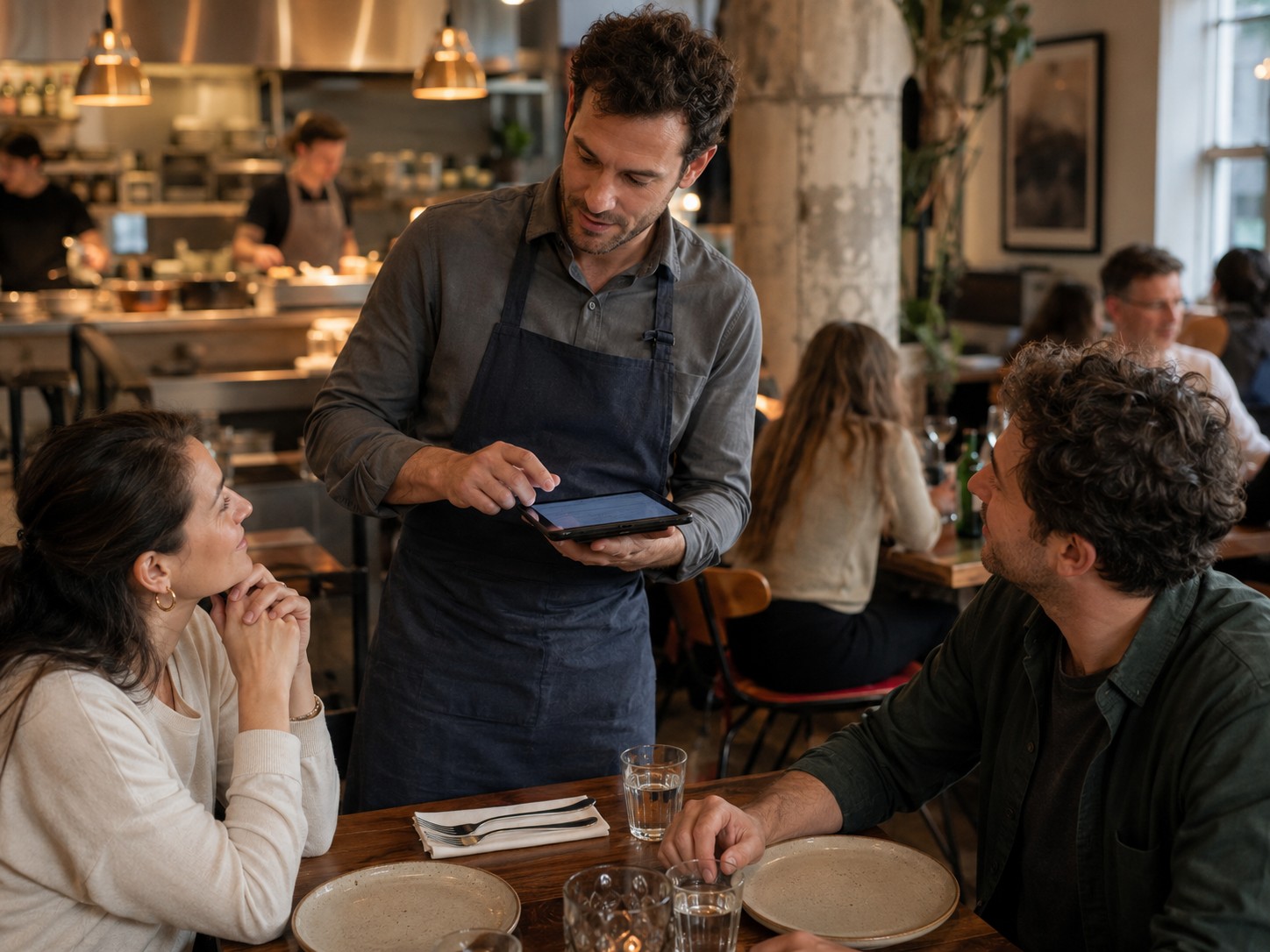 Serveur prenant la commande sur tablette en salle