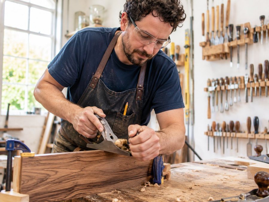 Menuisier rabotant une pièce de bois