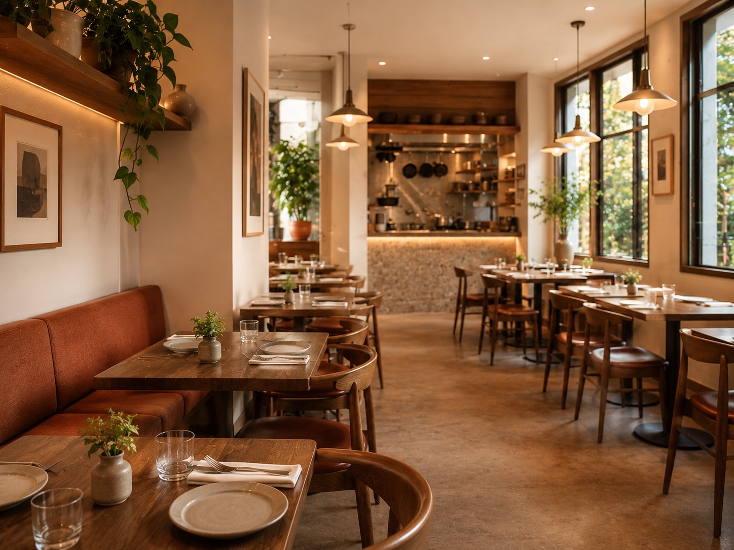 Salle de restaurant vide avant le service, lumière du matin