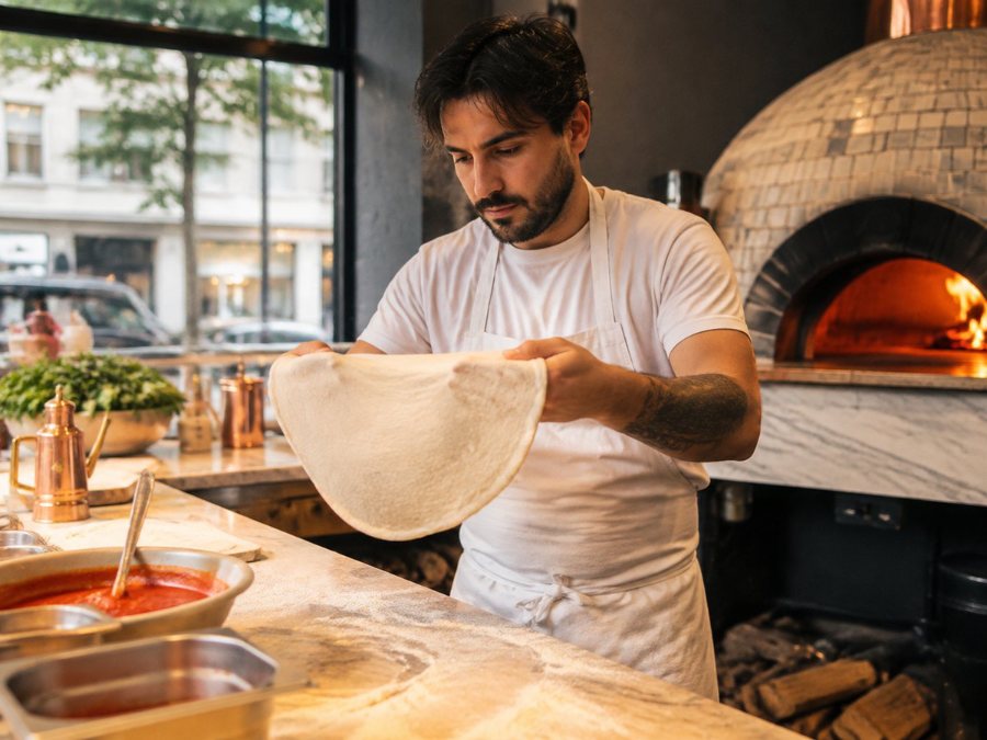 Pizzaiolo façonnant la pâte
