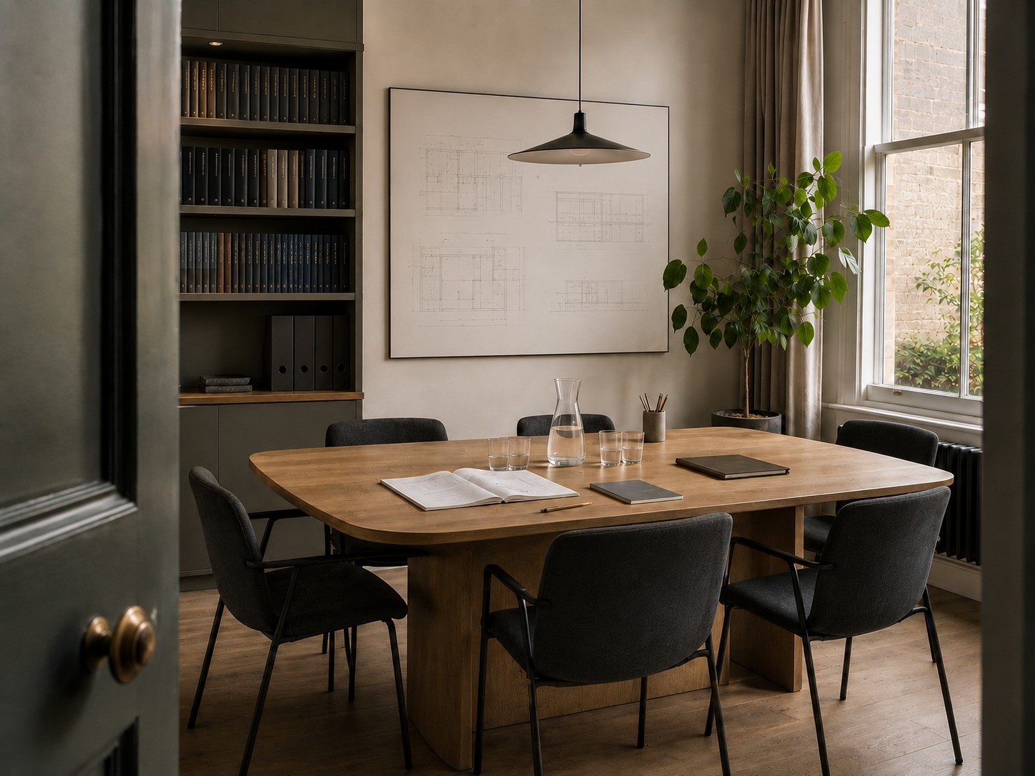 Cabinet vide, table de réunion