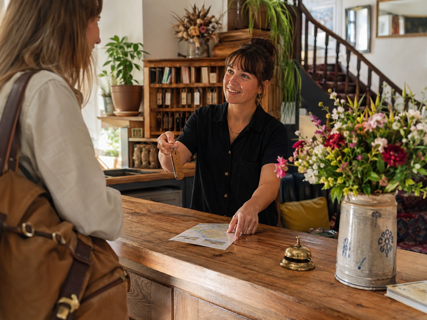 Réceptionniste remettant une clé à une cliente