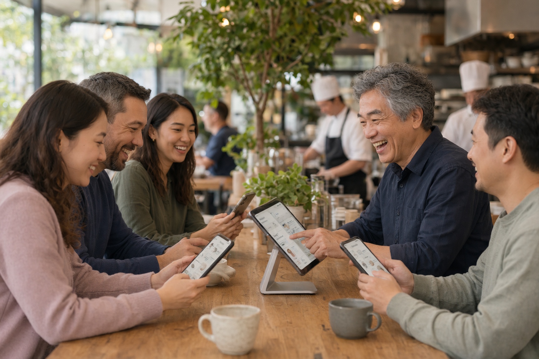 Clients consultant la carte sur tablette au comptoir