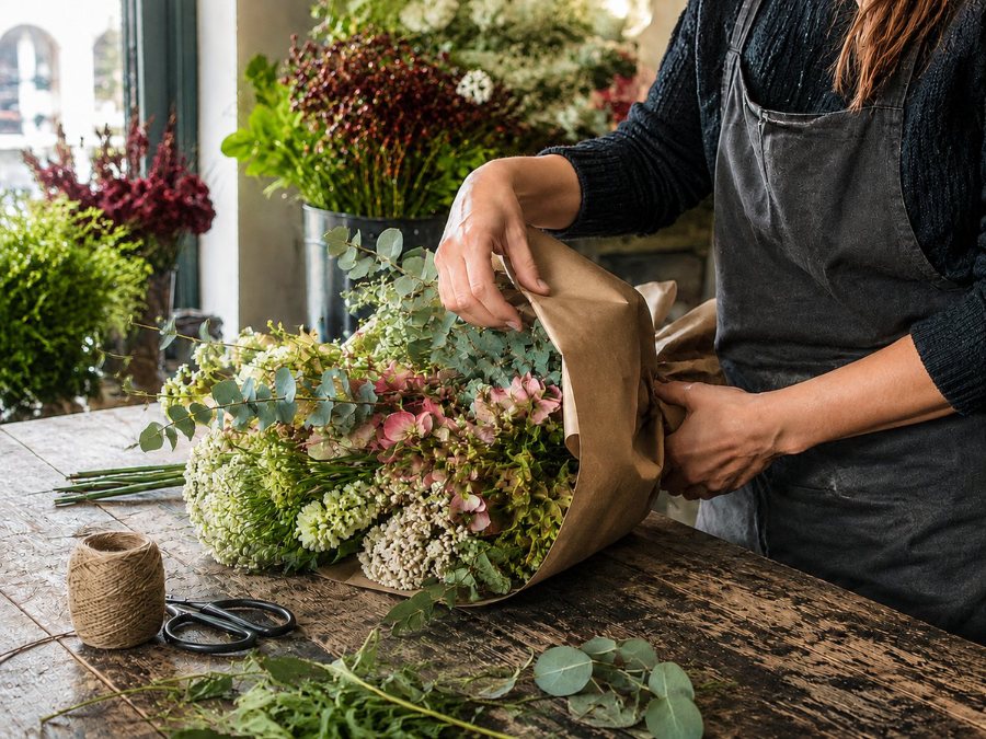 Fleuriste finalisant un bouquet