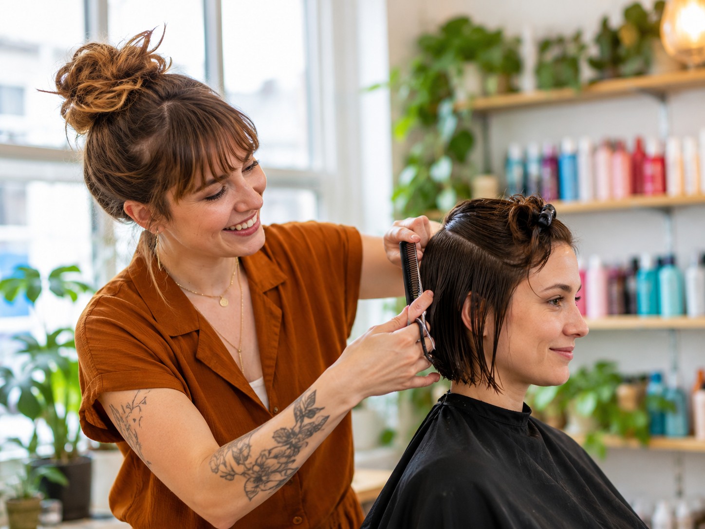 Coiffeuse peignant une coupe courte
