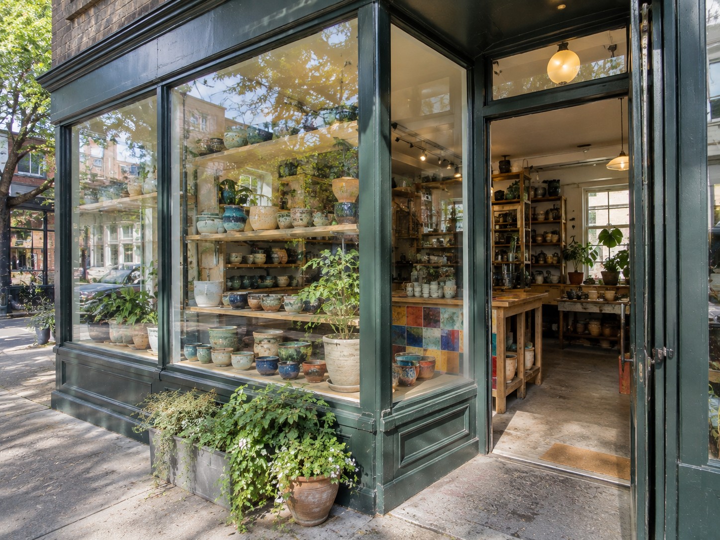 Boutique de céramique vue depuis la rue, porte ouverte