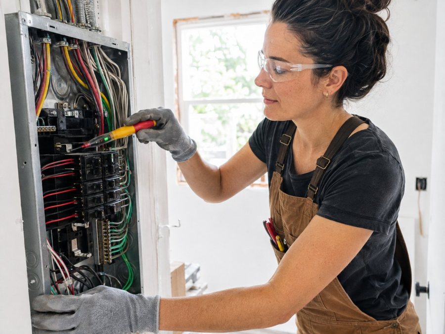 Électricienne testant une installation