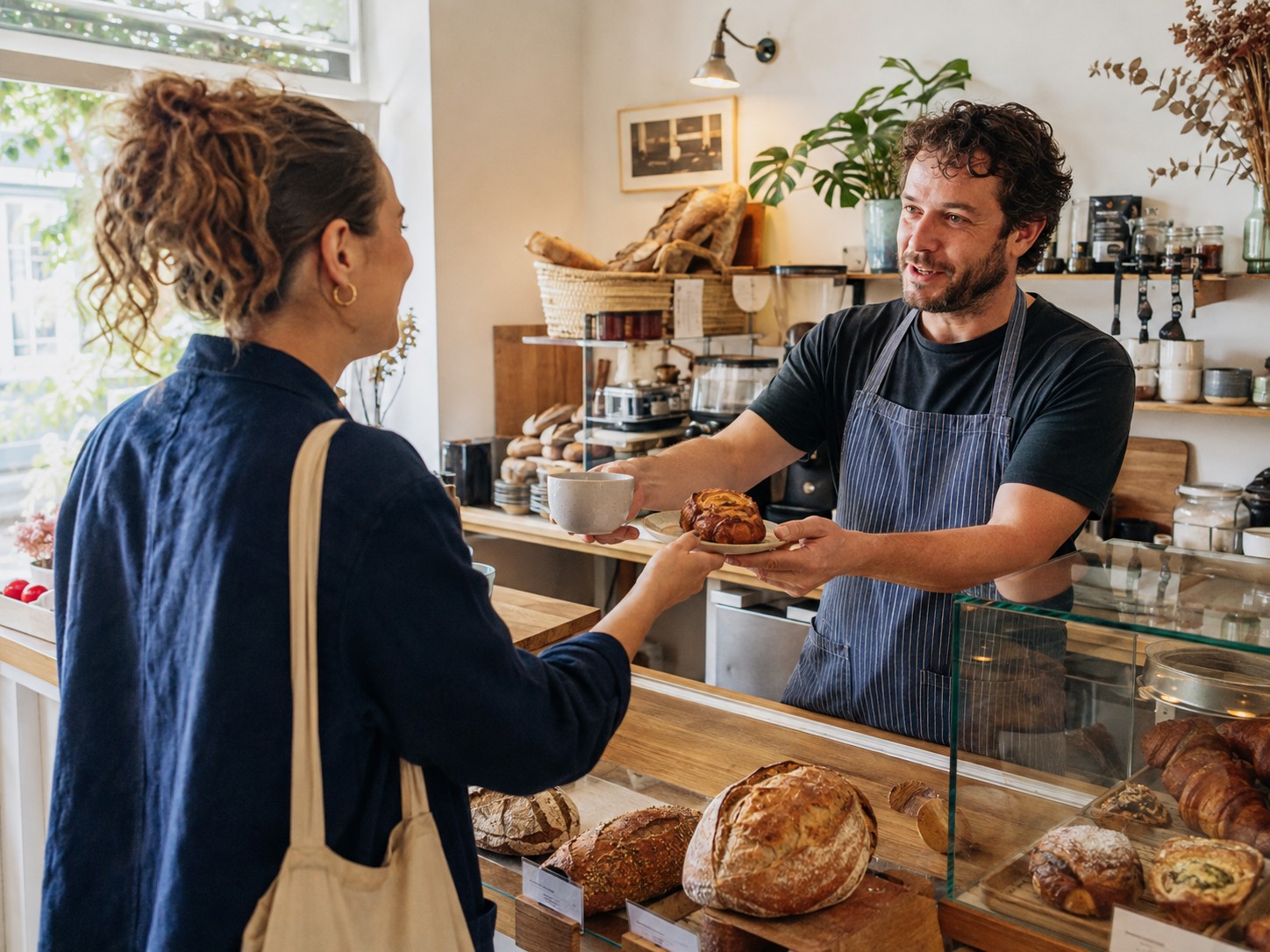 Boulanger servant un café et une viennoiserie