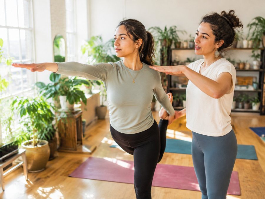Professeure de yoga guidant une élève