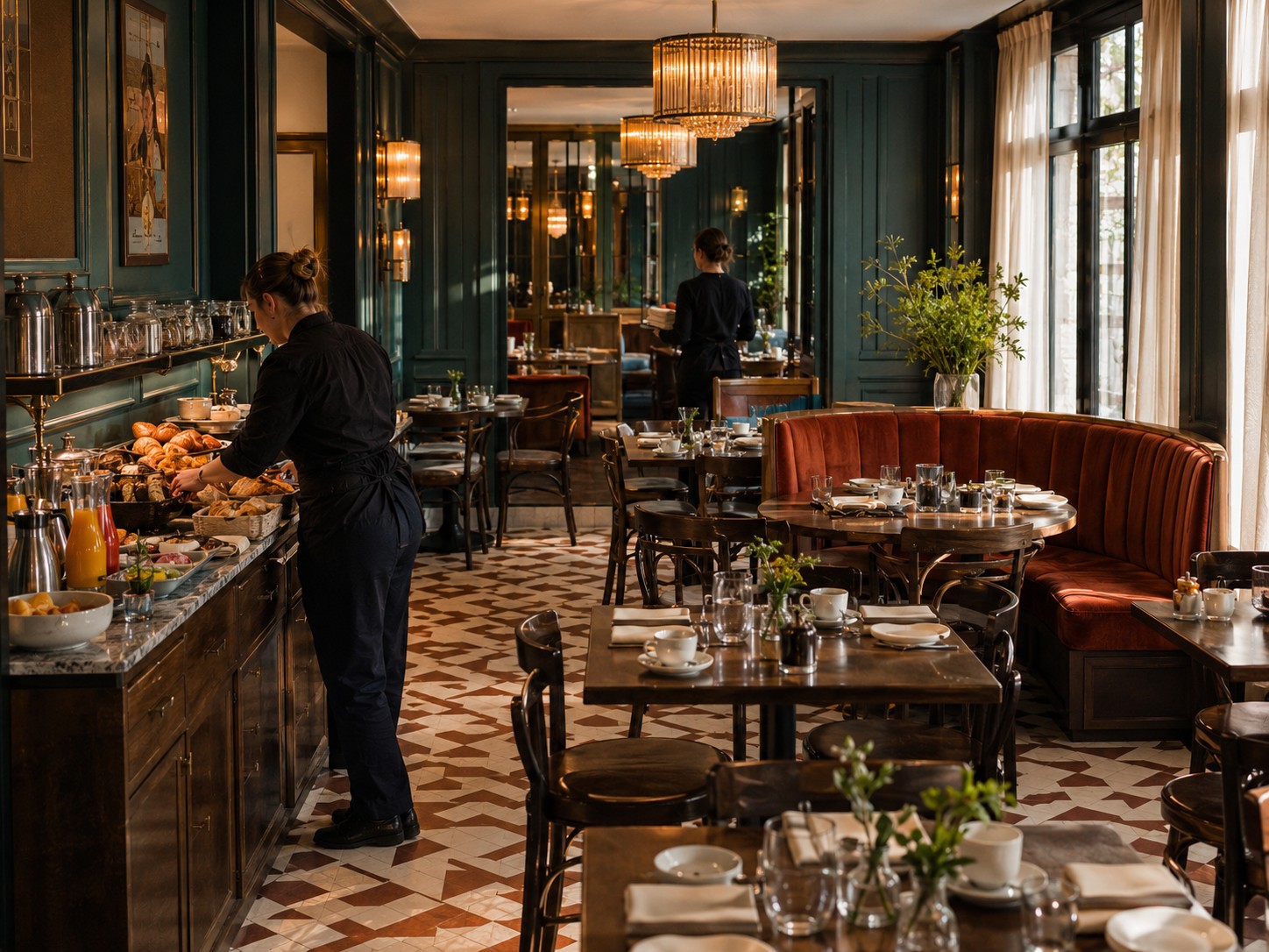 Salle de petit-déjeuner, buffet en cours de mise en place