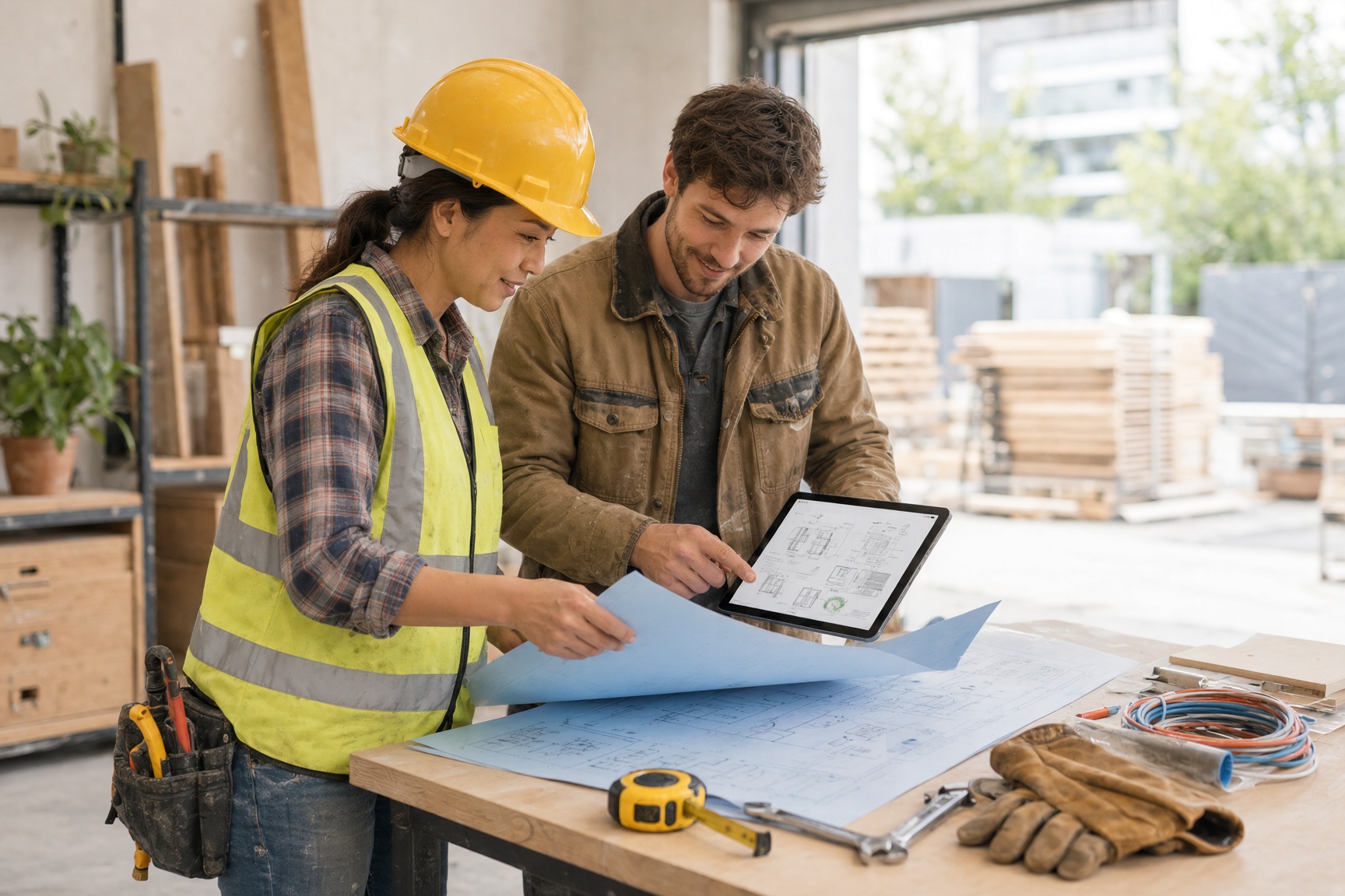 Deux artisans consultant un plan sur tablette à l'atelier